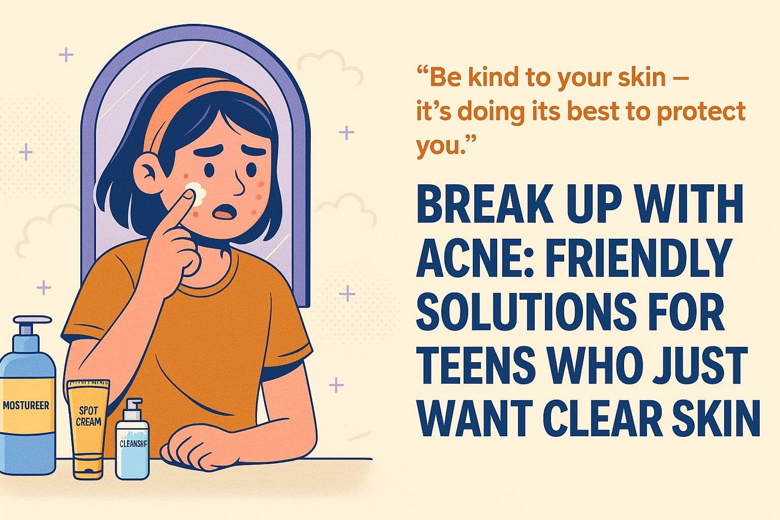 A flat-style digital illustration of a teenage girl using skincare products to fight acne