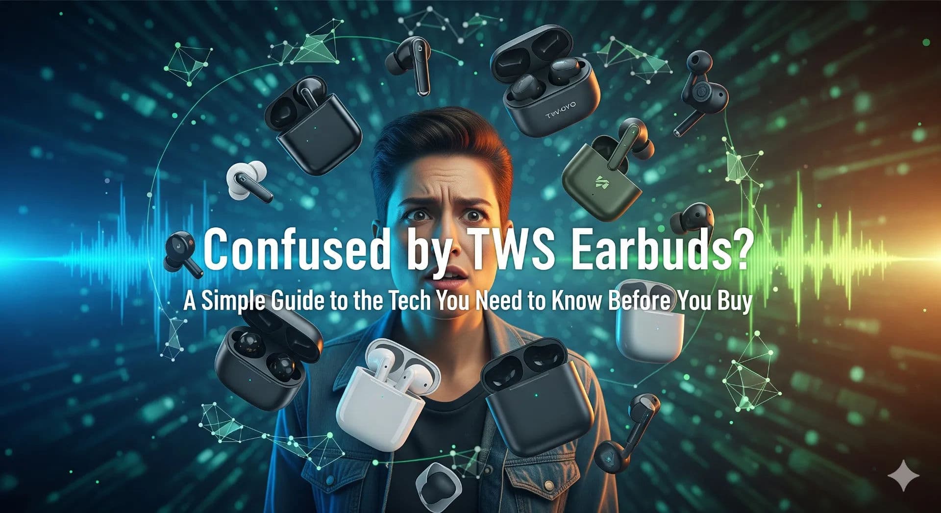 A person looking confused while choosing between different TWS earbuds, symbolizing the need for a clear buying guide.