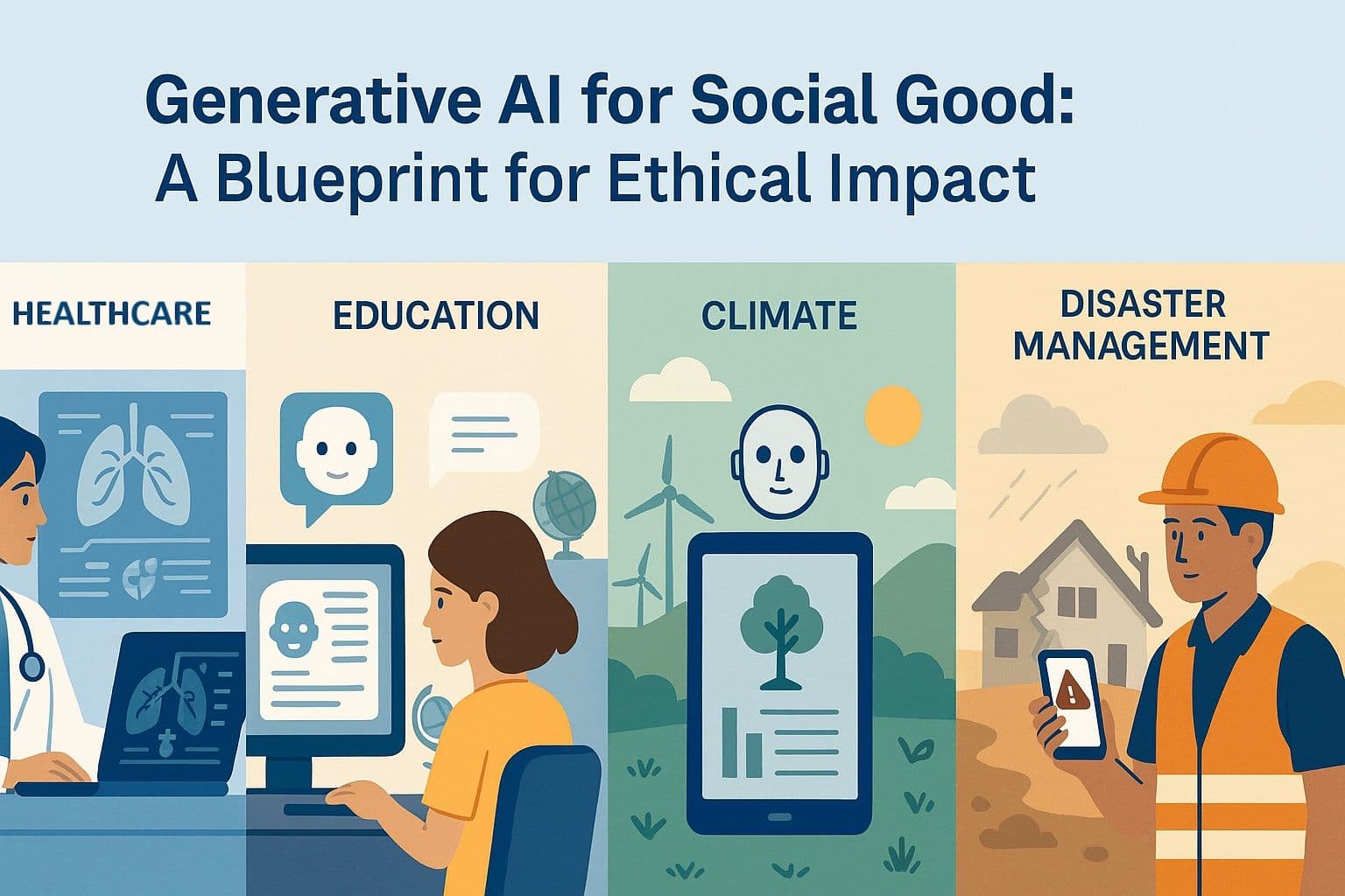 Illustration of ethical AI applications in healthcare, education, climate, and disaster management