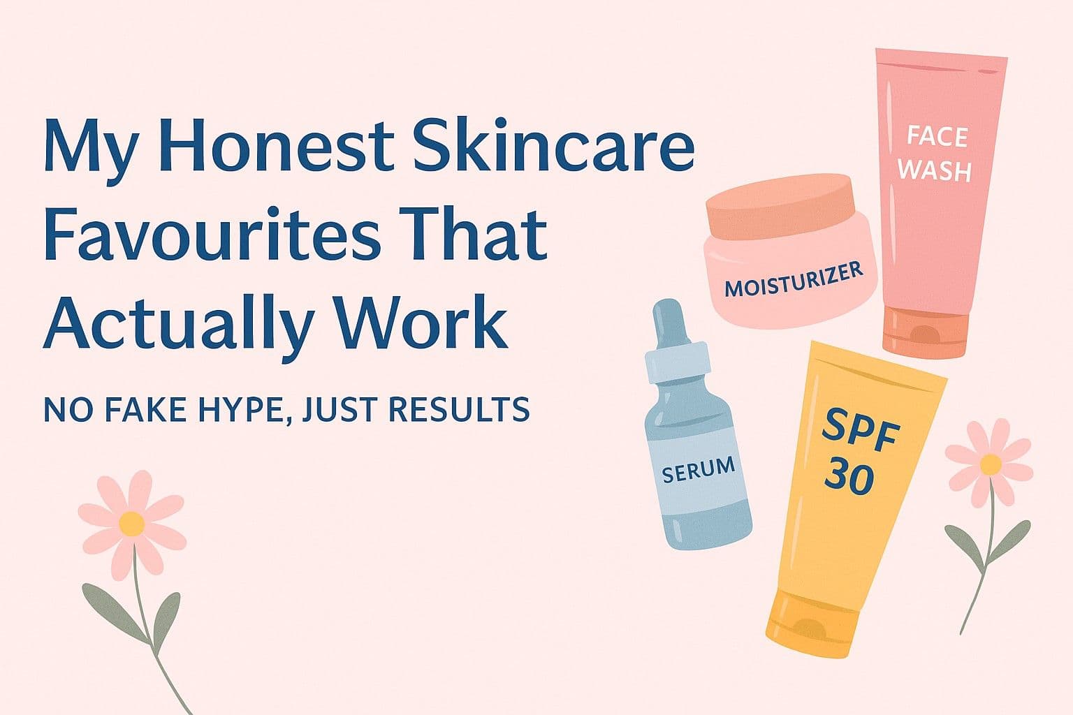 Flat lay of skincare essentials with the text “Skincare That Works – Honest Favourites” on a pastel background
