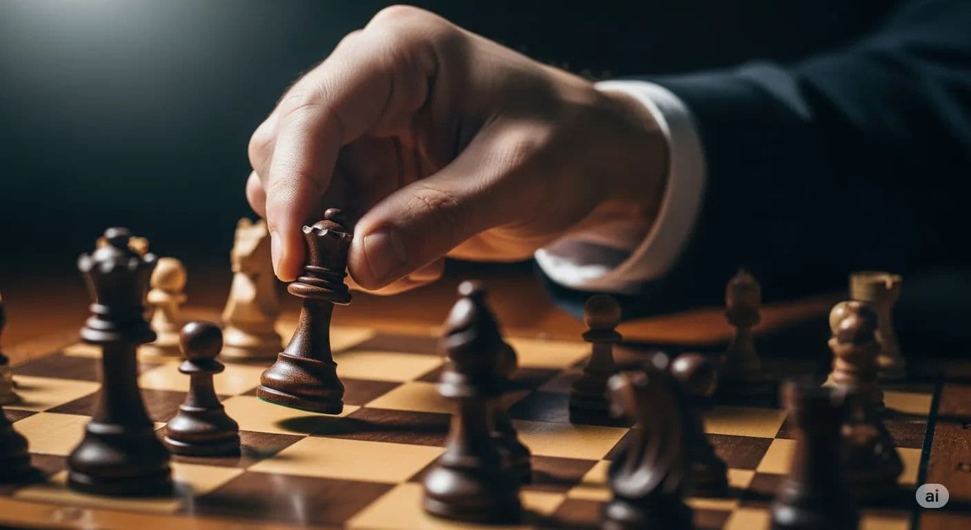 A hand moving a chess piece for a final, confident move, symbolizing the professional close of a follow-up email.