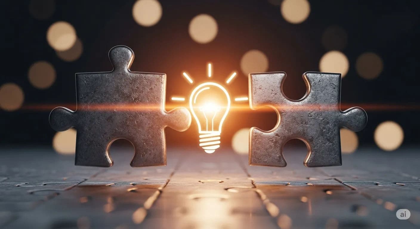 Two puzzle pieces connecting with a lightbulb, symbolizing the act of making a memorable connection during an interview