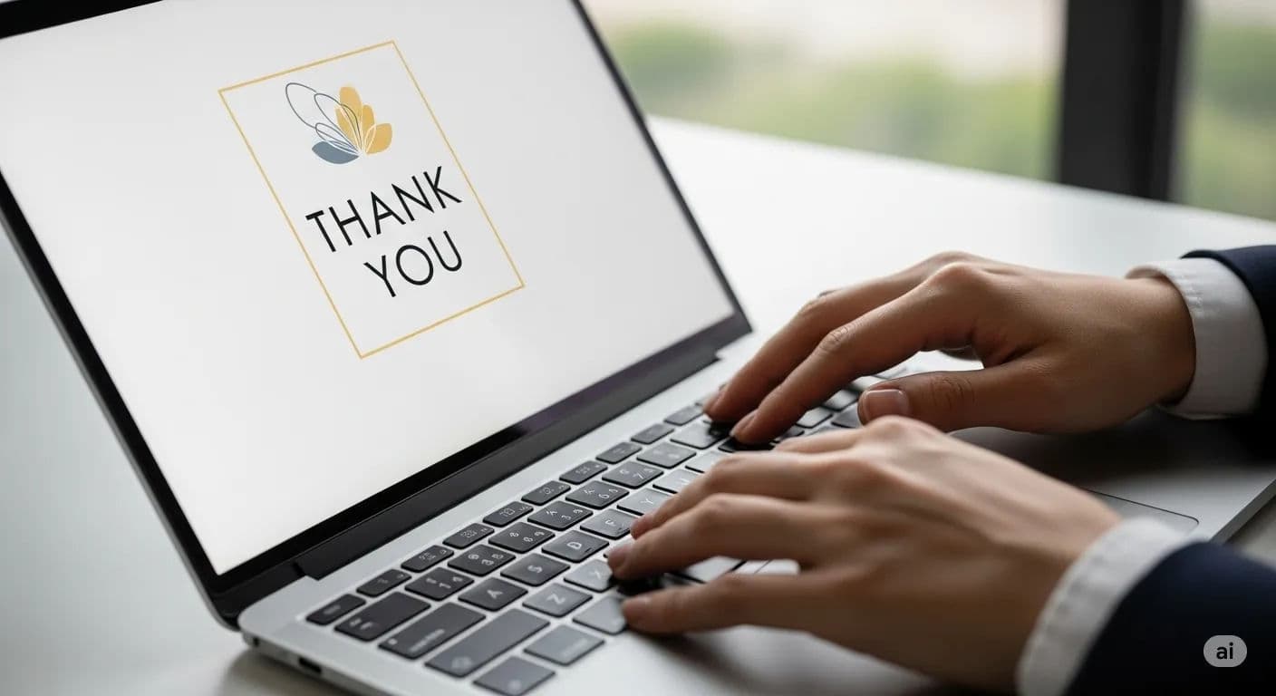 Hands typing a professional thank you message on a laptop, representing the first step in a follow-up email