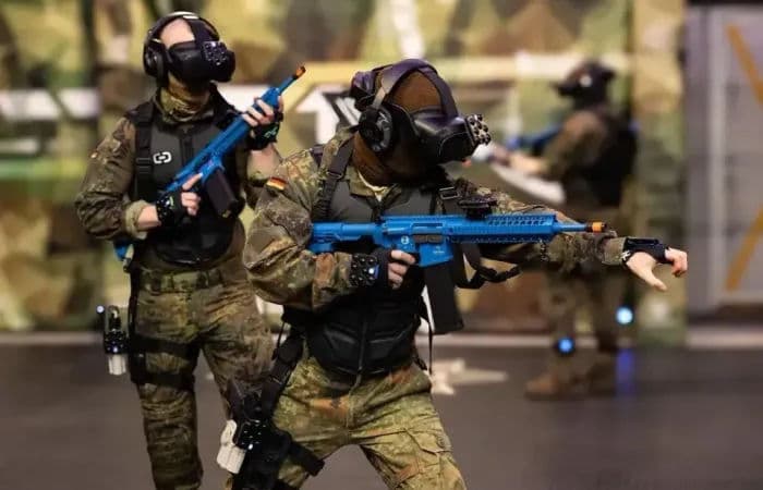 Soldier using XR headset with AI-powered overlays for training or situational awareness in modern defense applications