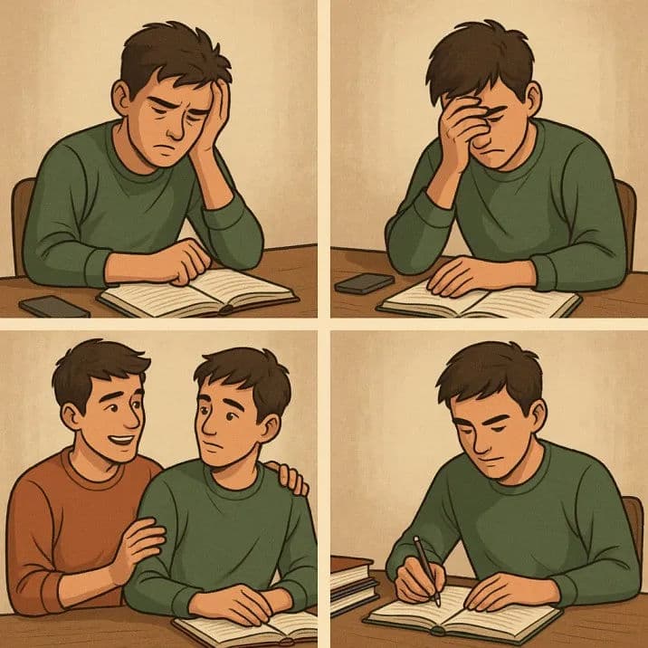 Frustrated student regains focus with support from a friend, showing emotional journey from self-doubt to motivated exam preparation