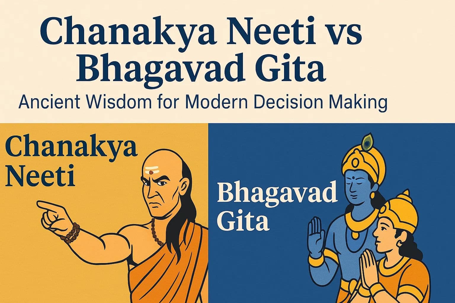 Illustration comparing ancient wisdom of Chanakya Neeti and Bhagavad Gita for modern life decisions