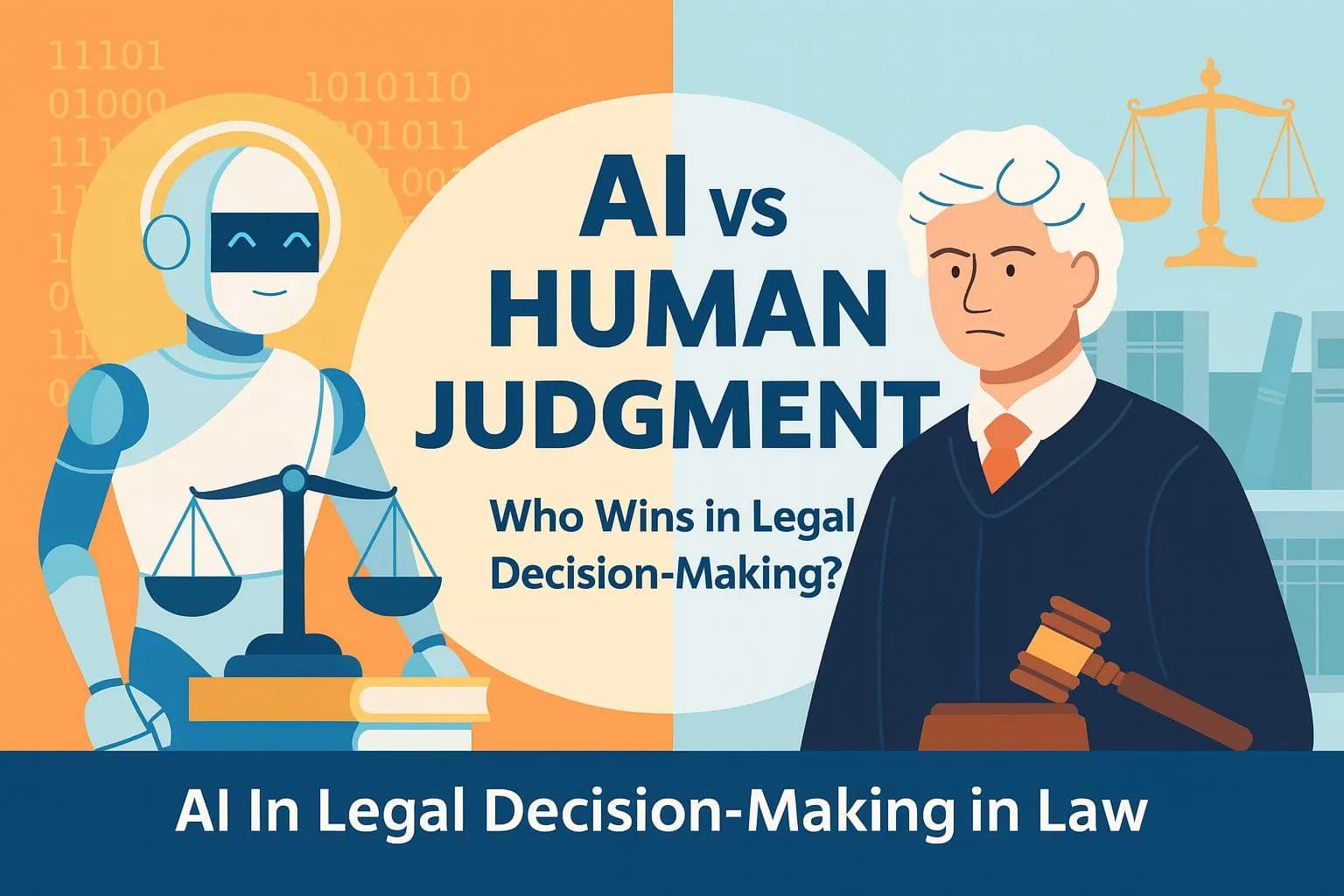 A digital illustration comparing artificial intelligence and a judge in a legal setting, symbolizing AI vs Human Judgment in law