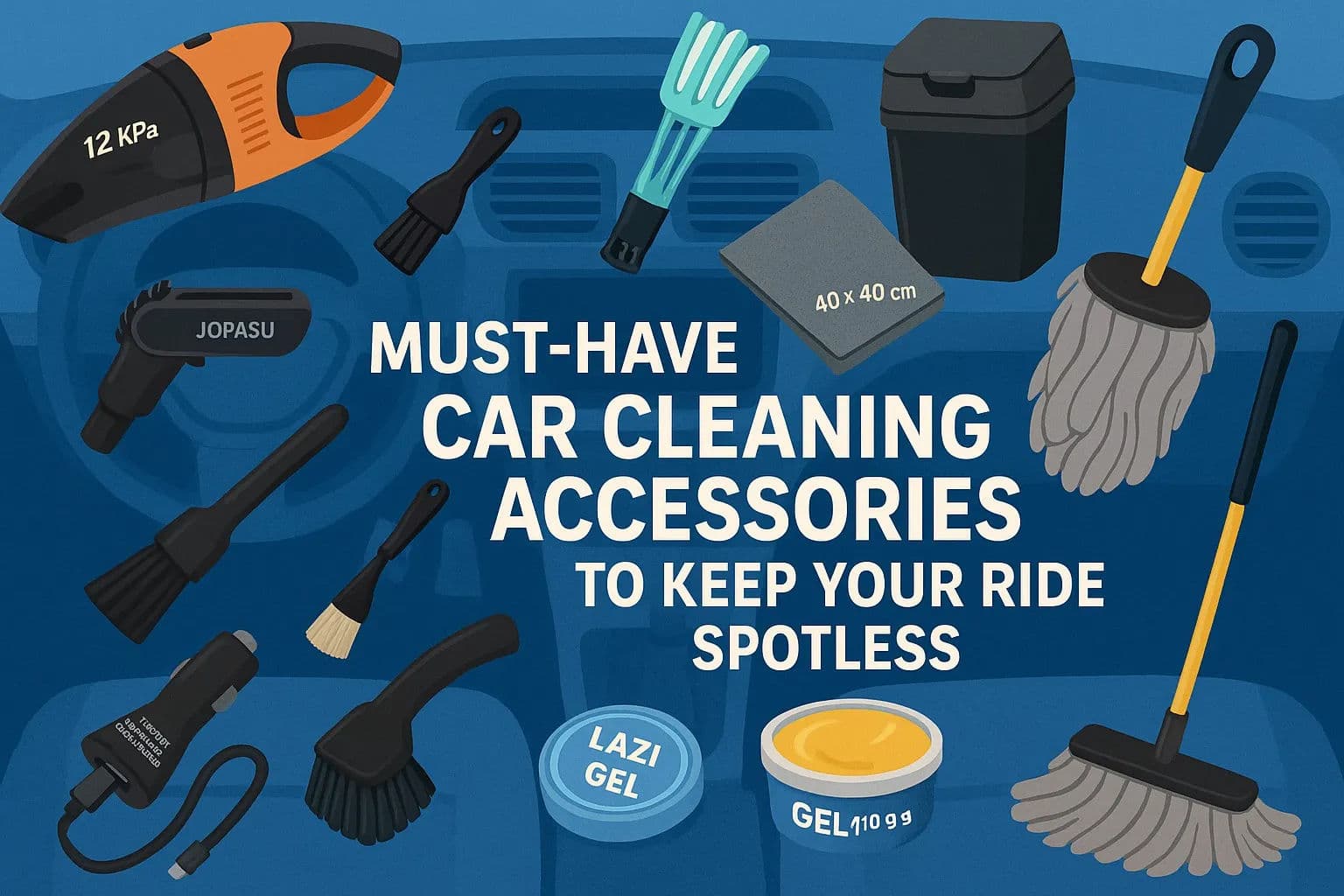 Flat-style banner showing car interior cleaning tools, vacuum, microfiber cloths, dustbin, and accessories