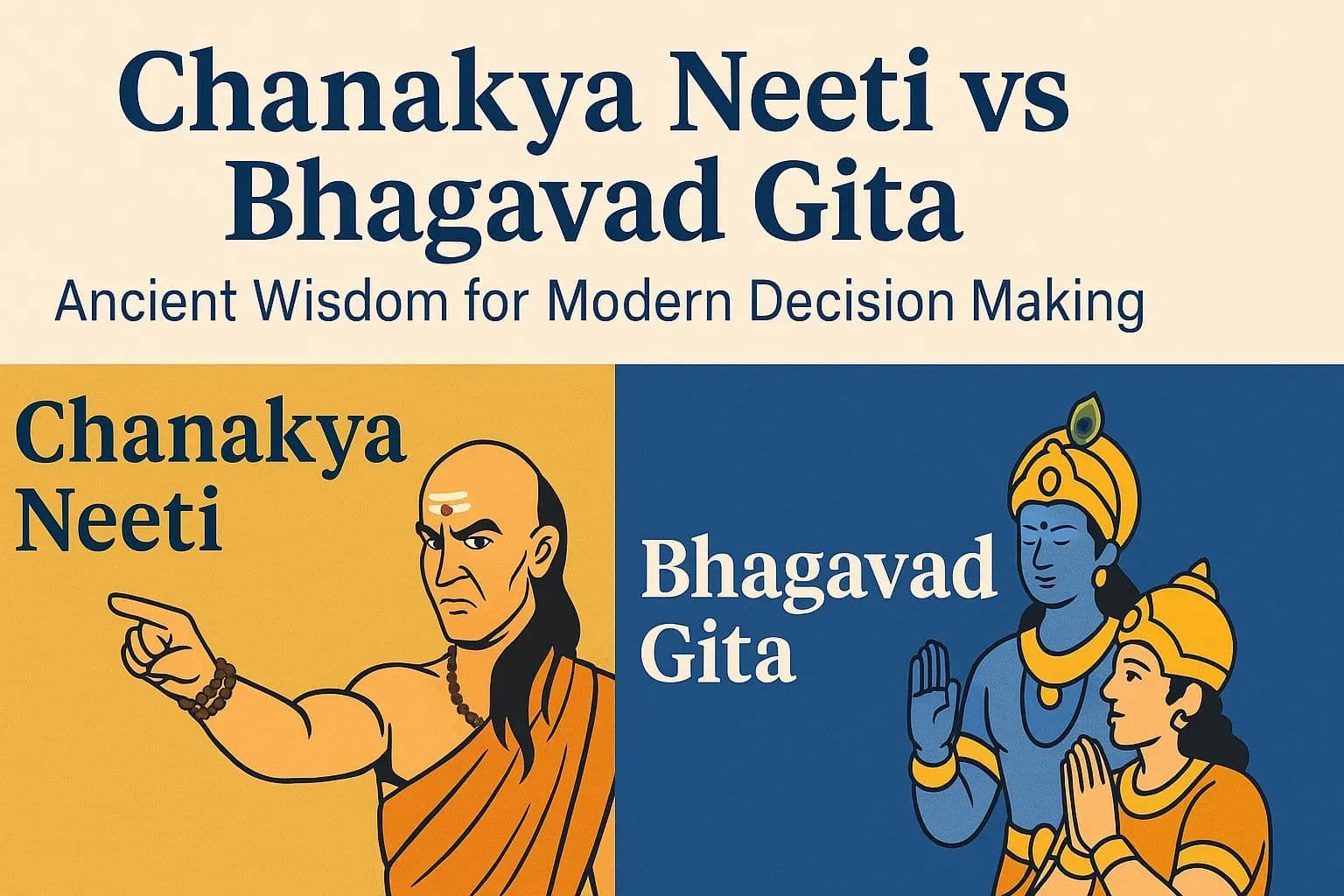 Illustration comparing ancient wisdom of Chanakya Neeti and Bhagavad Gita for modern life decisions