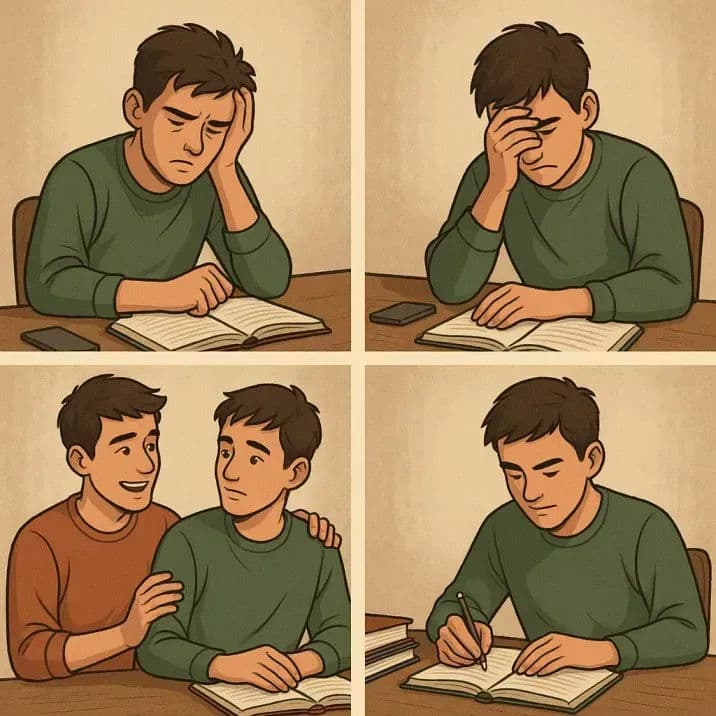 Frustrated student regains focus with support from a friend, showing emotional journey from self-doubt to motivated exam preparation