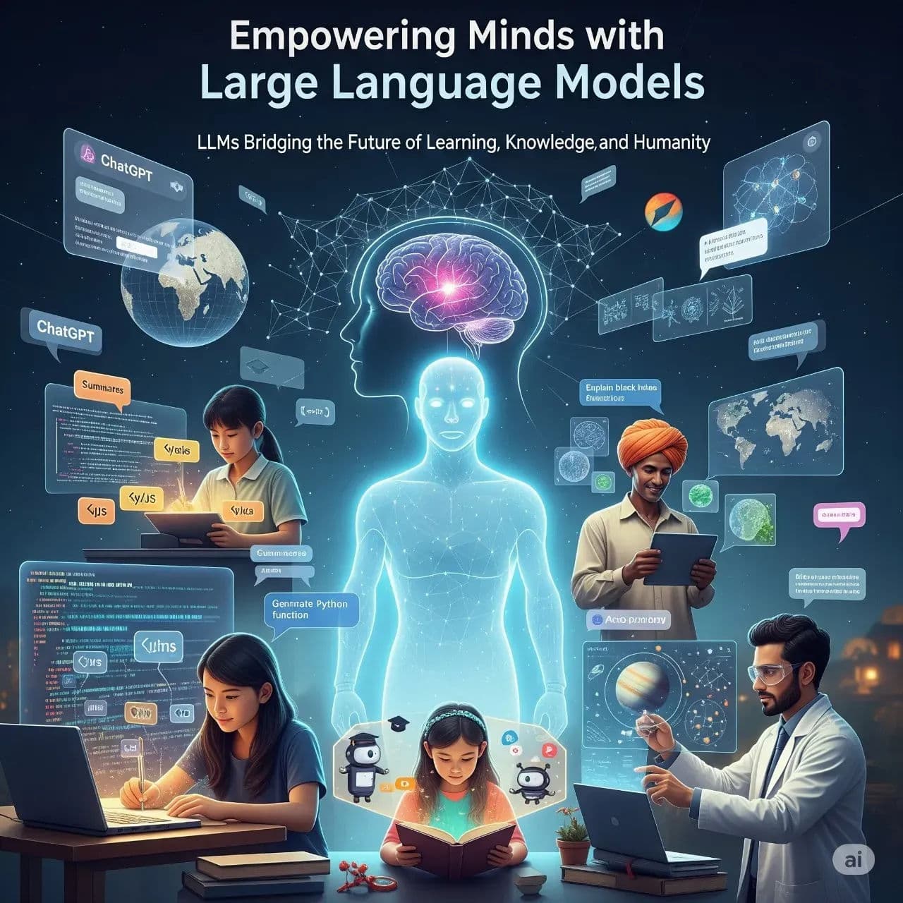 Illustration of students and citizens using AI chatbots for education, coding, and government services in India