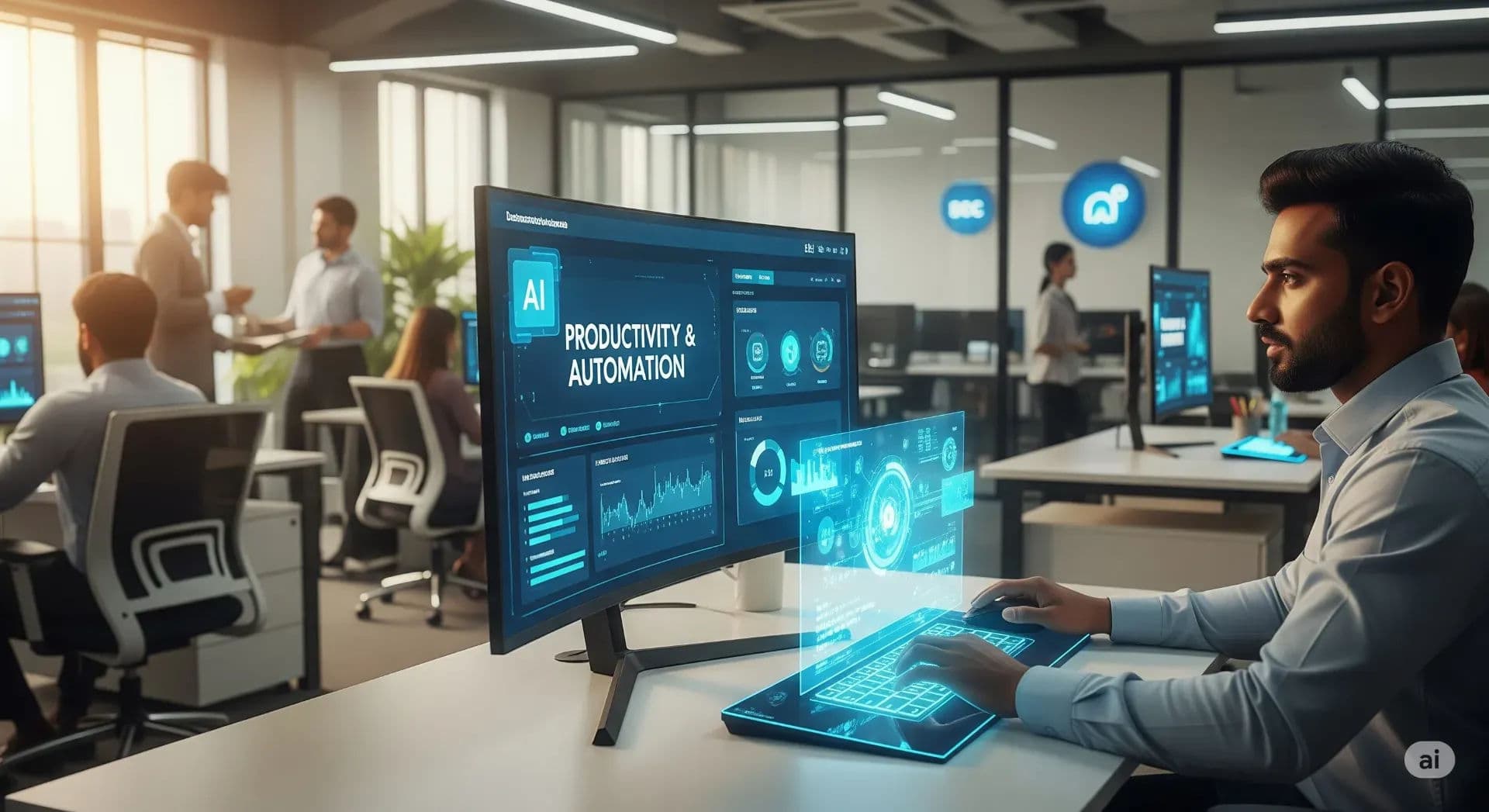 A cinematic banner showing a motivated professional in a modern office using a futuristic AI dashboard to enhance productivity and automation.