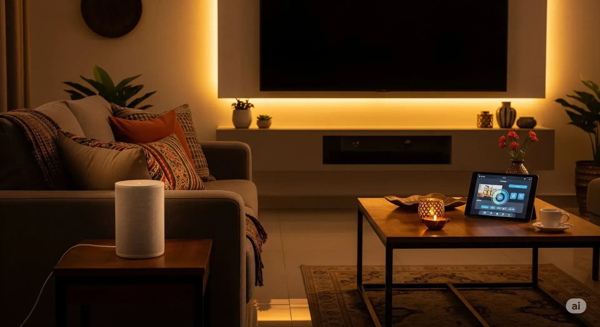 A modern Indian living room with an affordable smart home setup, featuring a smart speaker and warm, inviting smart lights.