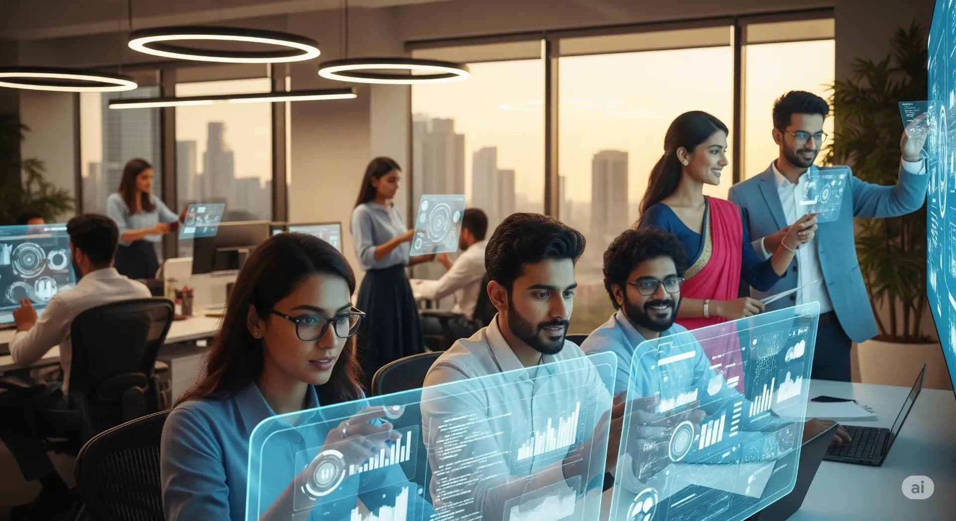 An Indian professional collaborating with colleagues in a modern office, symbolizing the future of work and career reshaping in the AI era.