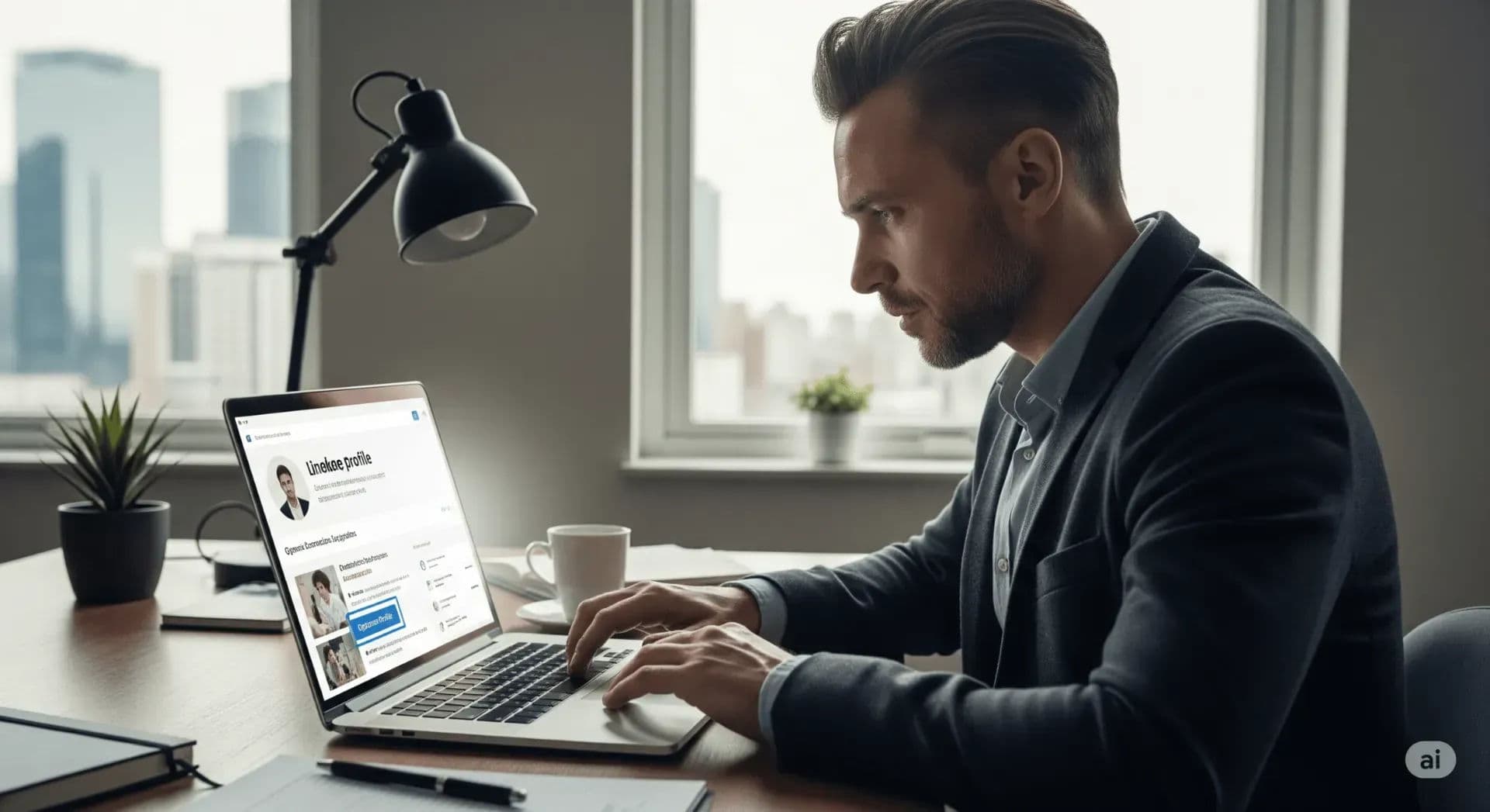A professional optimizing their LinkedIn profile on a laptop, demonstrating career growth and personal branding in 2025.