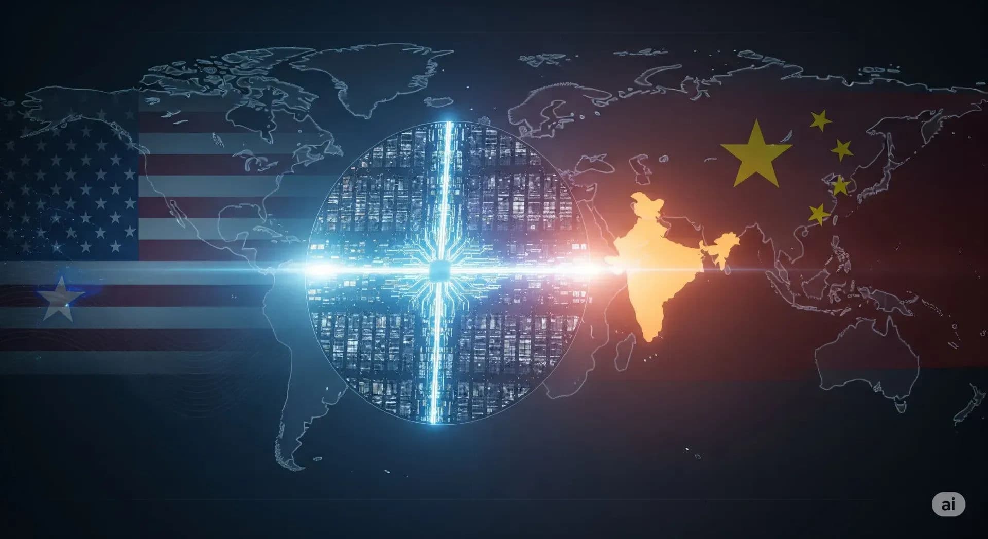 A silicon wafer showing microchips with a world map in the background, symbolizing the global chip war and its geopolitical importance.
