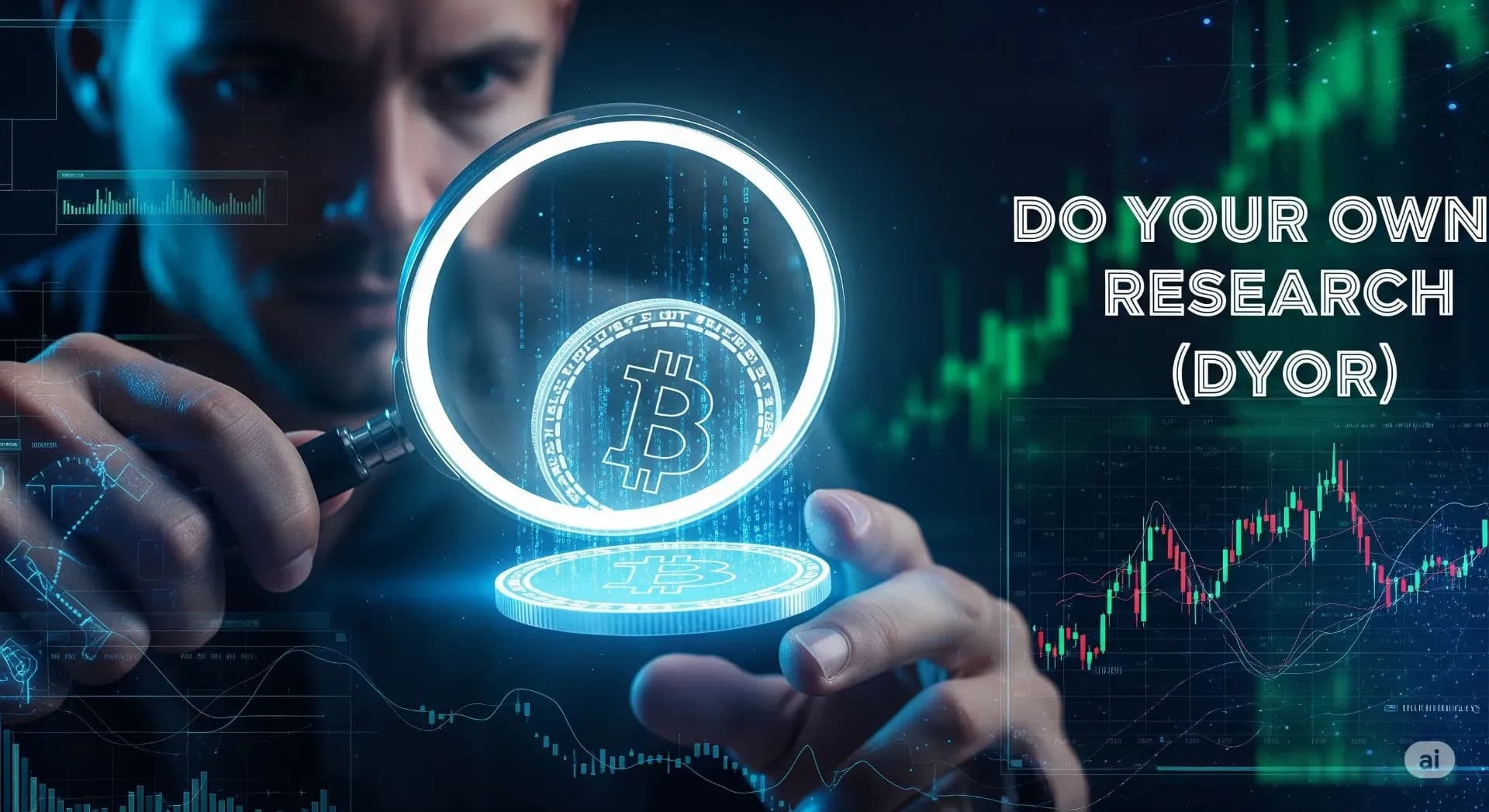 An investor using a magnifying glass to research a cryptocurrency project on a digital screen, symbolizing the concept of DYOR (Do Your Own Research).