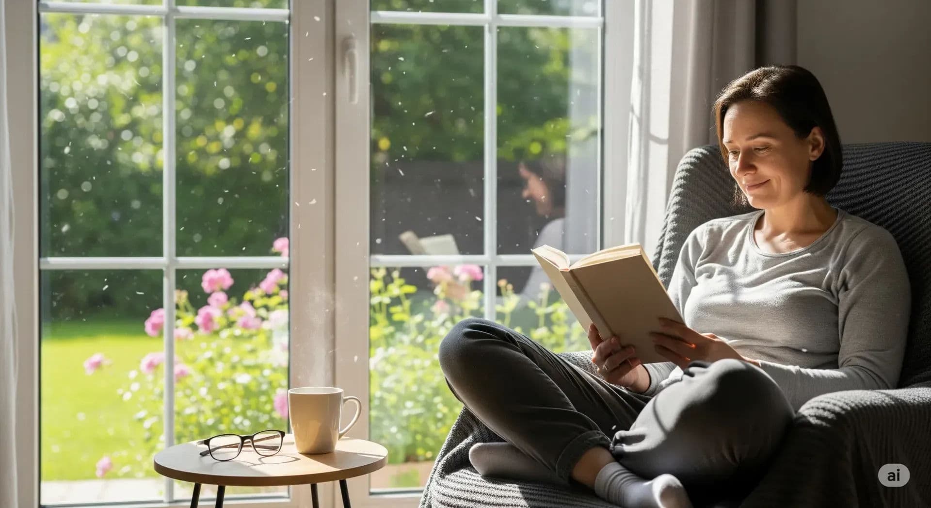 A person peacefully enjoying a weekend digital detox by reading a book near a window, reclaiming their focus and mental wellness.