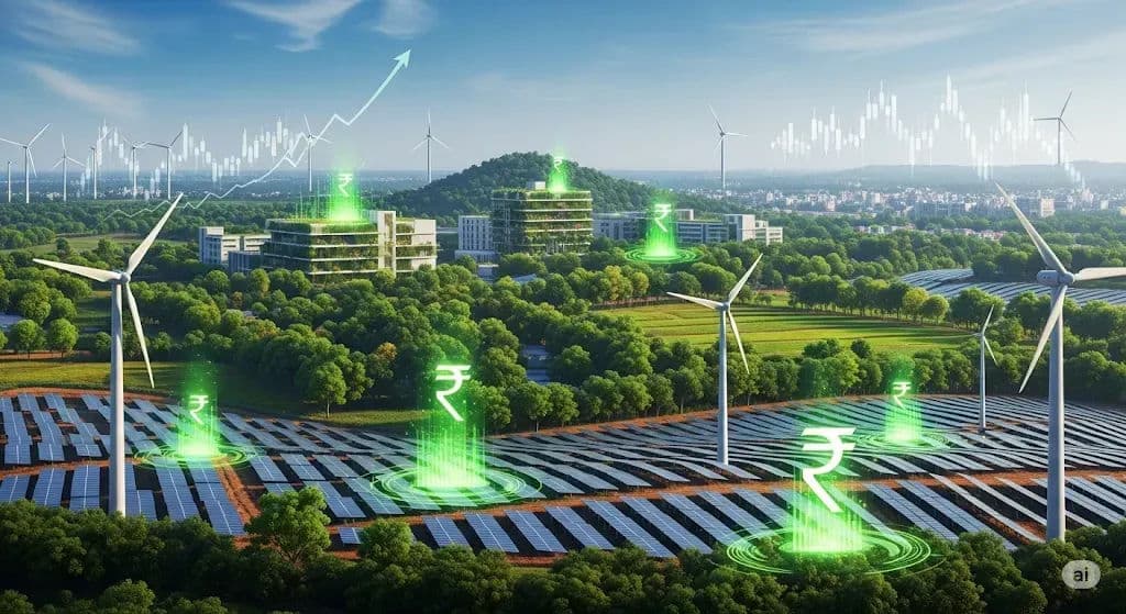 A visual representation of India's green economy, showing renewable energy sources, symbolizing the billion-dollar opportunity in the carbon credit market.