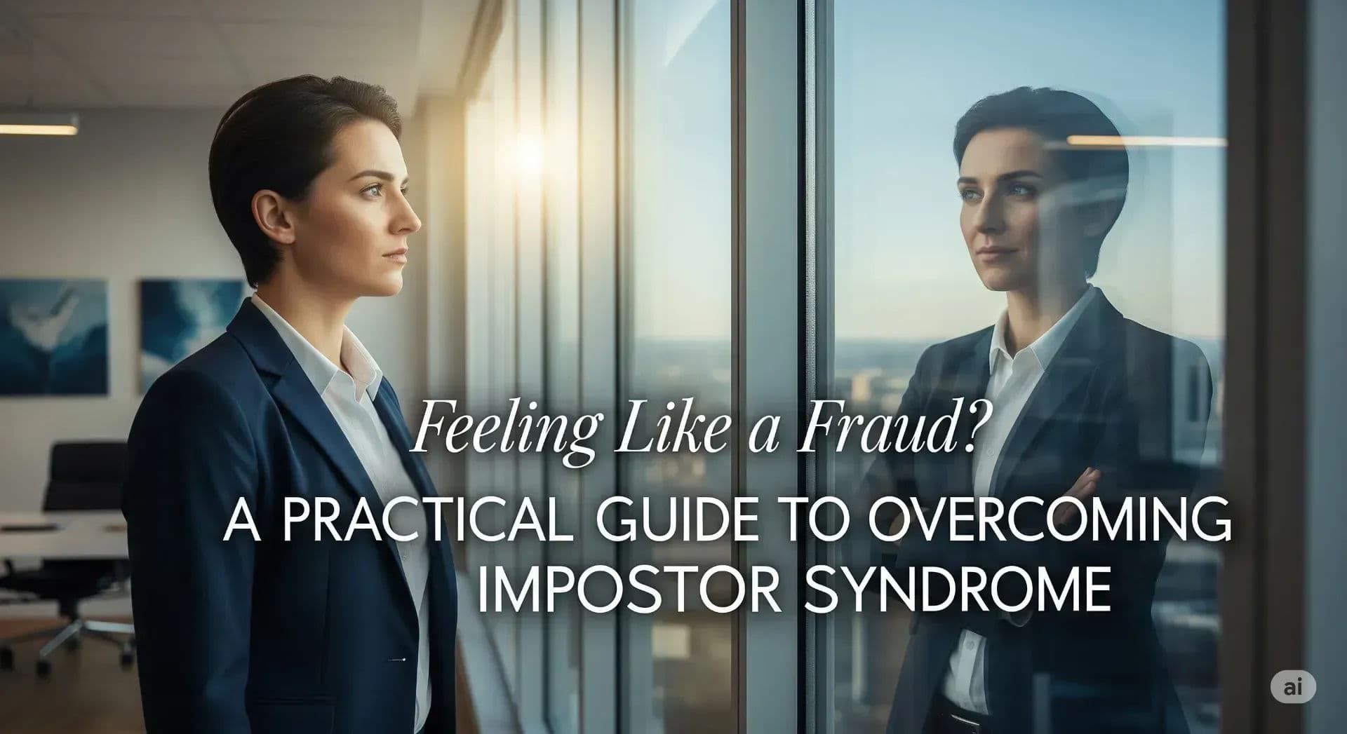 A professional looking at their reflection which shows a more confident version of themselves, symbolizing the process of overcoming impostor syndrome.