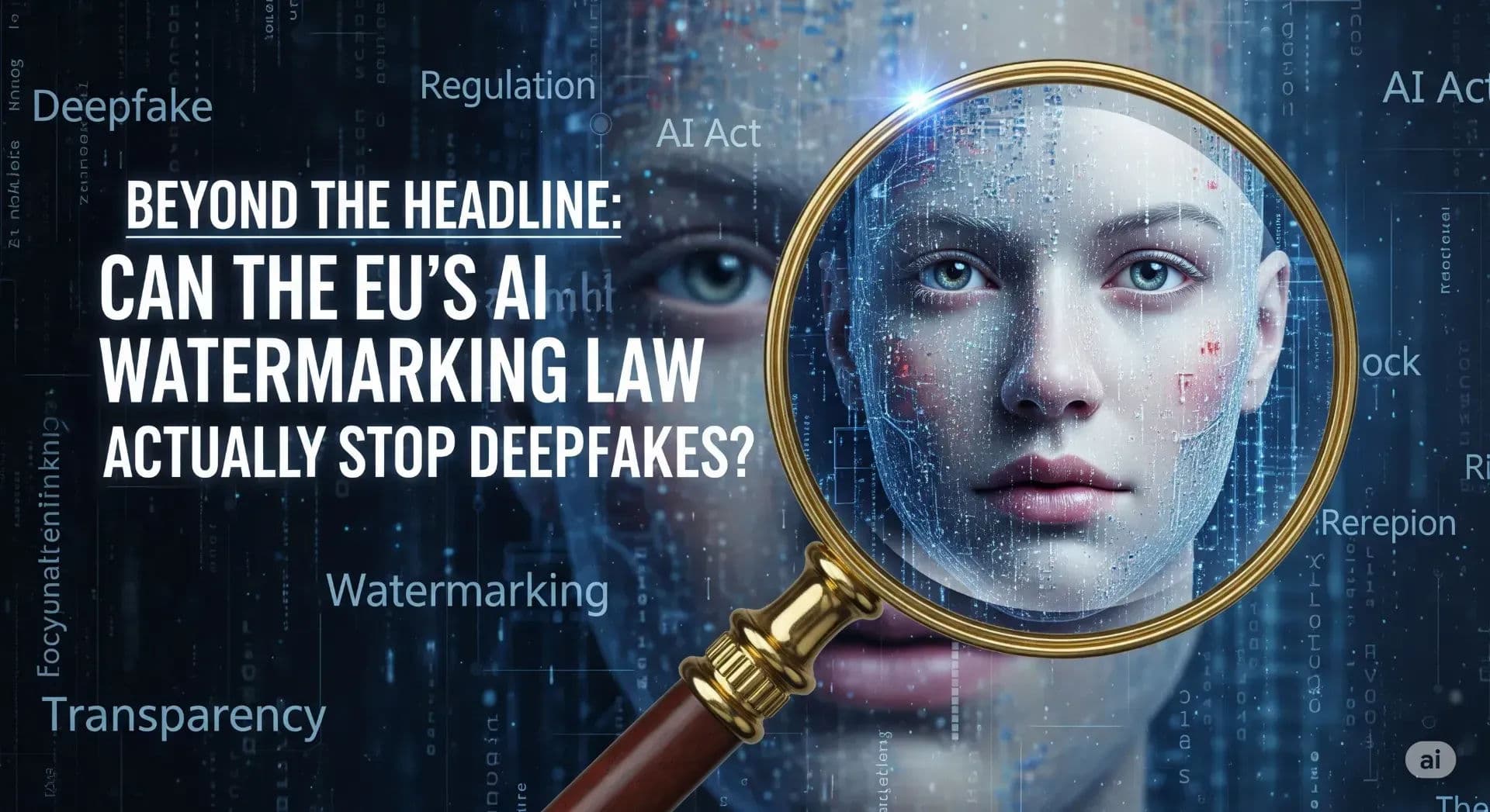 A magnifying glass over a piece of digital media with an AI-generated face, symbolizing the analysis of deepfakes and the EU's AI watermarking law.