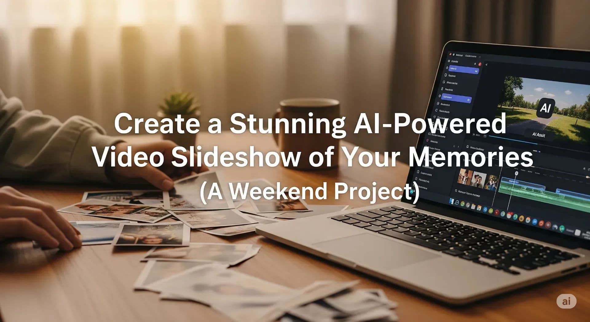 A person creatively arranging photos on a desk next to a laptop, planning their AI-powered video slideshow weekend project.