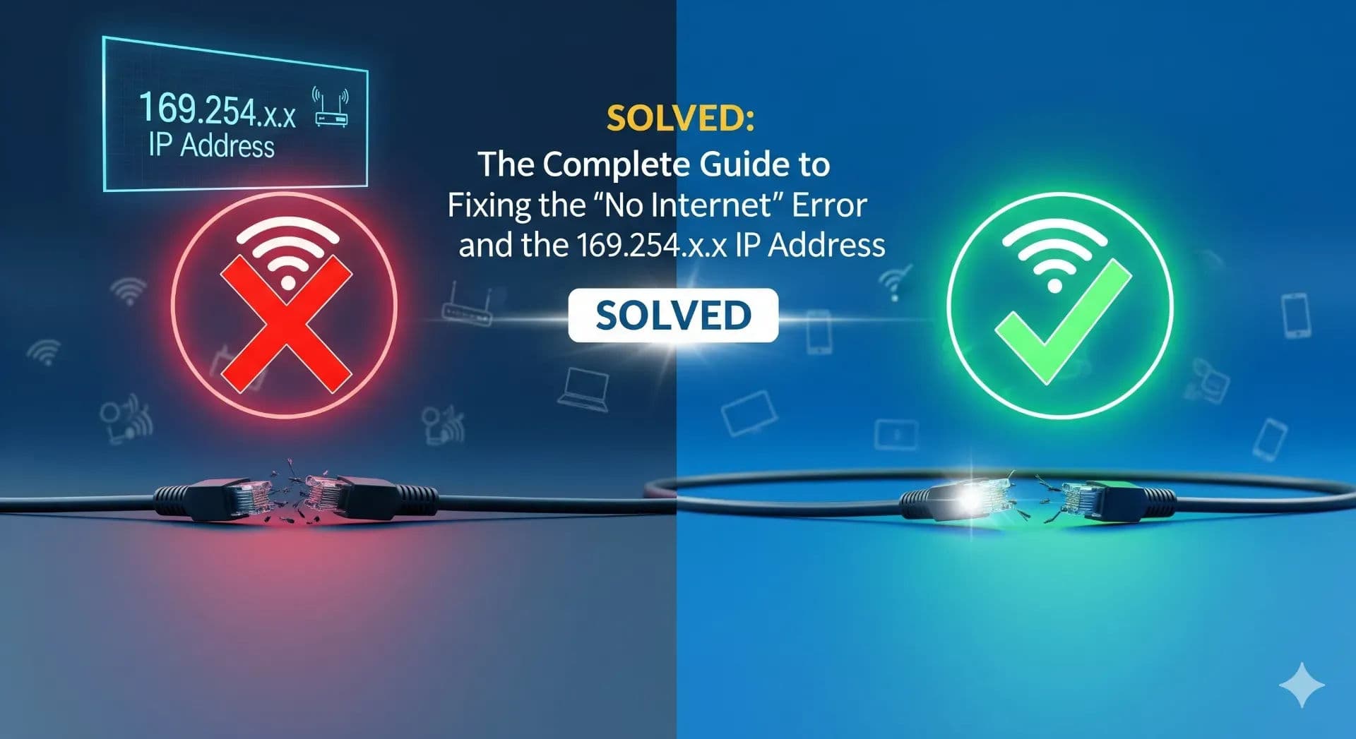 Banner image illustrating a broken network cable and a red cross for "No Internet" next to a 169.254.x.x IP address, contrasting with a repaired cable and a green checkmark for a "Solved" internet connection